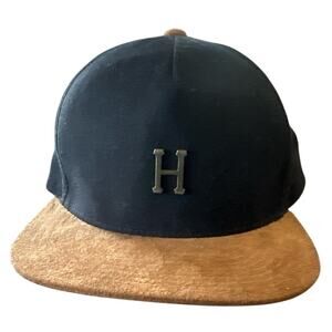 HUF Ball Cap Hat Black Canvas Brown Suede Brass Badge Adjustable